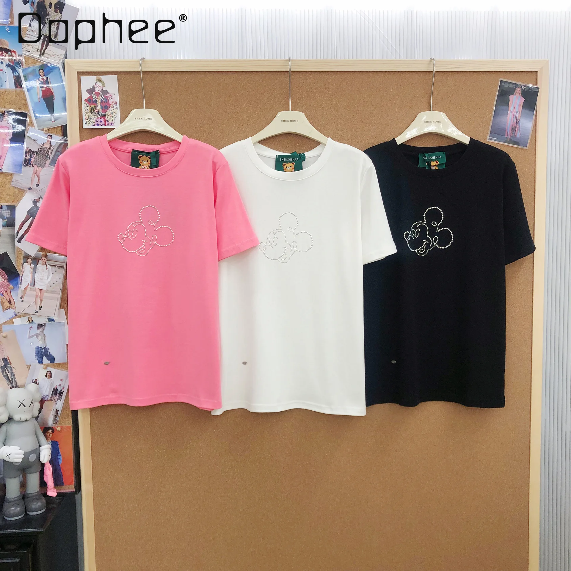 Fashion Simple Versatile Multi-color Cotton Round Neck Handmade Rhinestone Cartoon Pattern Short Sleeve T-shirt for Women