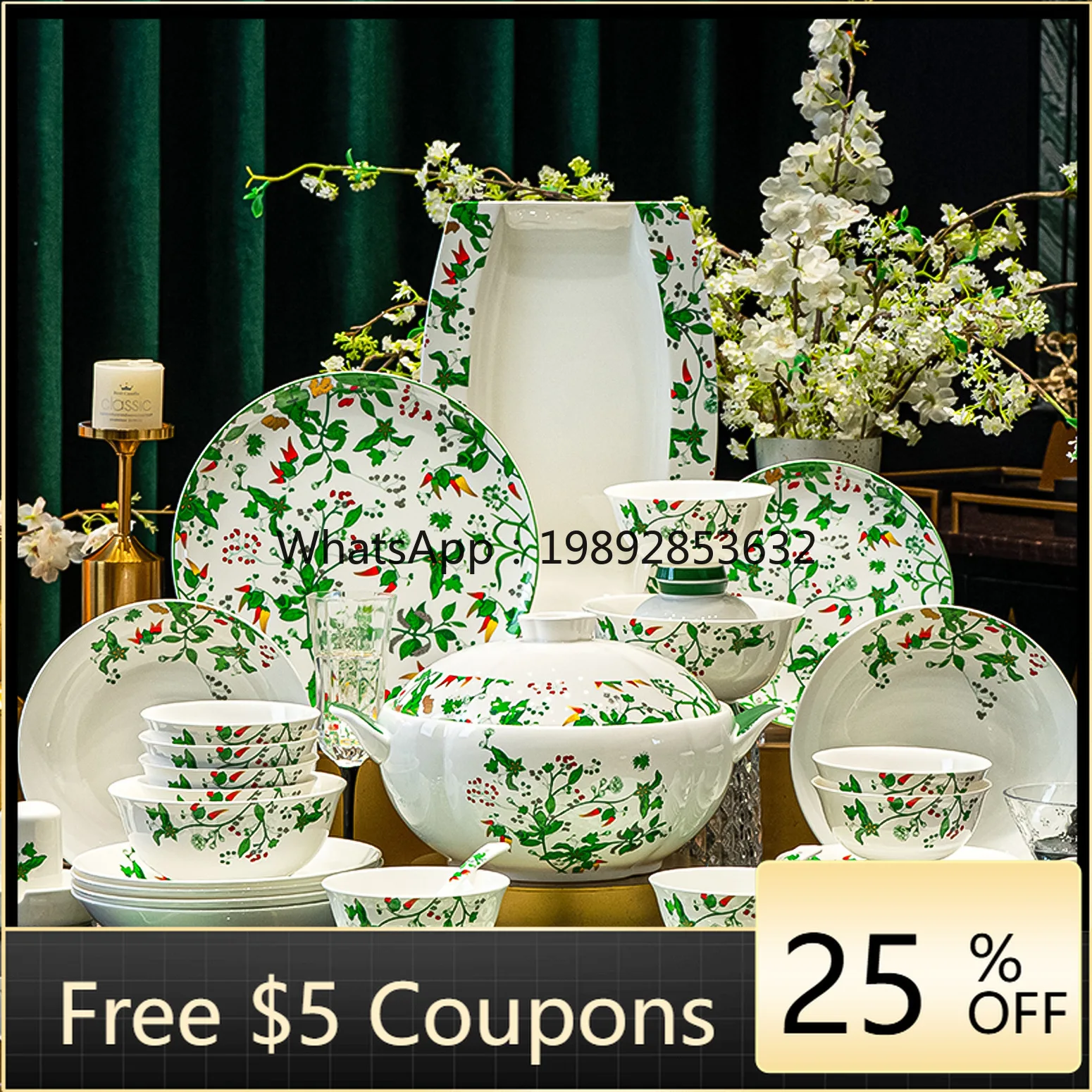 

ZC Bowl Household New Underglaze Color Bone China Tableware Jingdezhen Bowl and Plate Set Gift Tableware