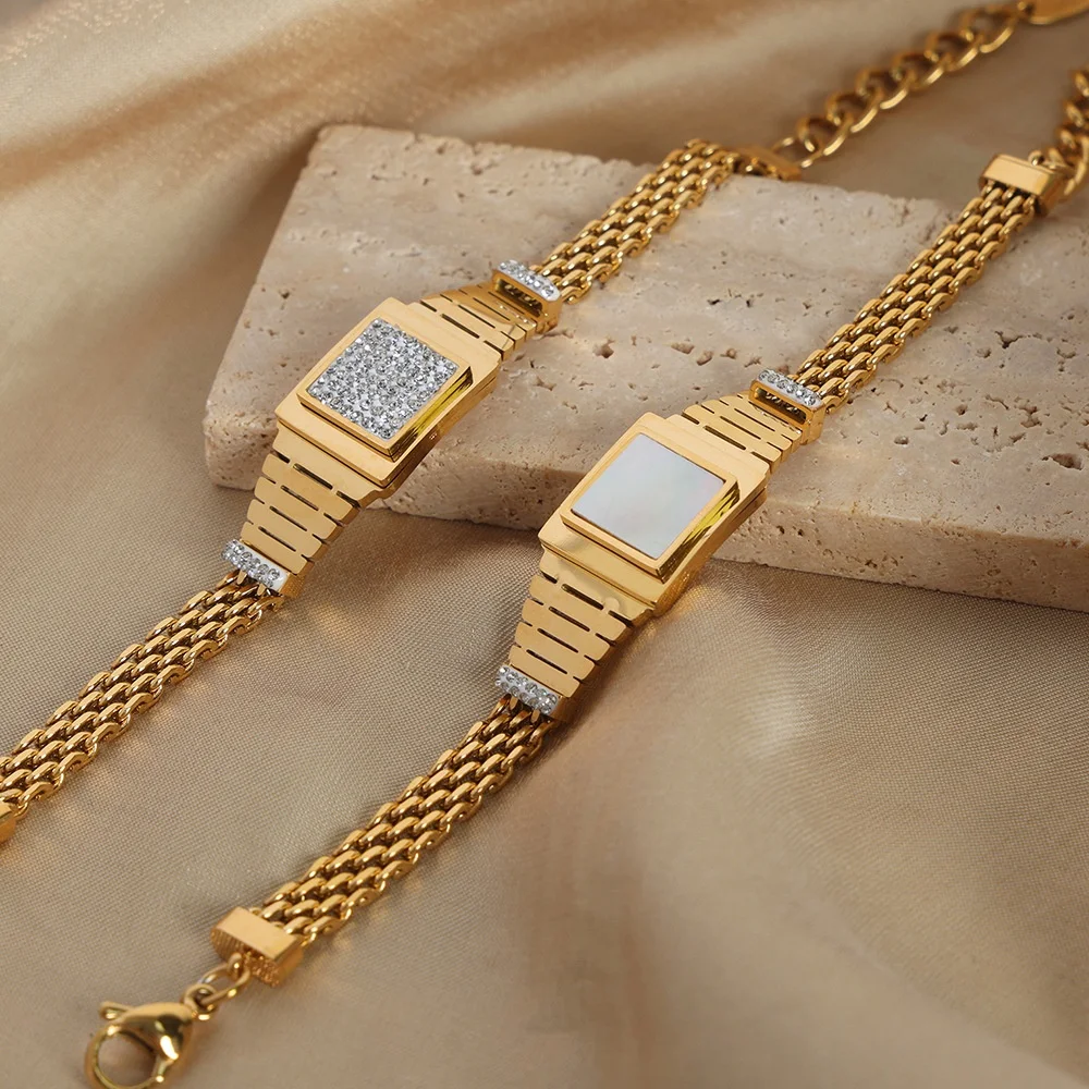 

Luxury Gold Surgical Steel Watchstrip Bracelet Genderless Stainless Natural Malachite/White Shell/Zircons Chain Bangles For Men