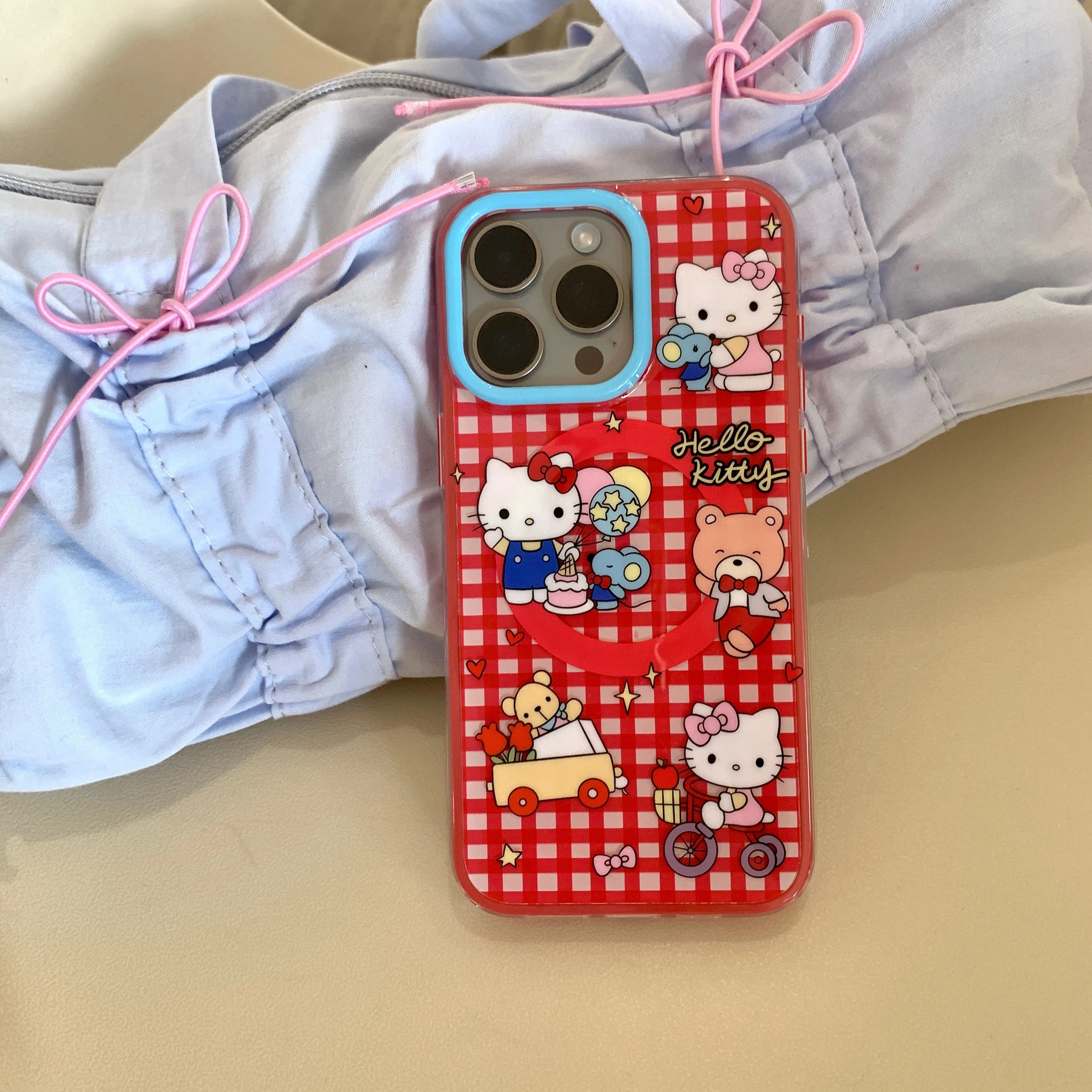 

Cute For Hello kitty Cartoon Sanrio Magnetic With Holder Style Anti-slip Fall-proof Phone Case For IPhone 13 14 15 16 Pro Max