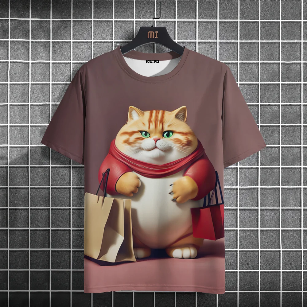 Funny Men's T-Shirt Animal Fat Cat Printed T-Shirts Casual Loose Short Sleeved Tee Oversized Men Clothing Tops Summer Streetwear image 6