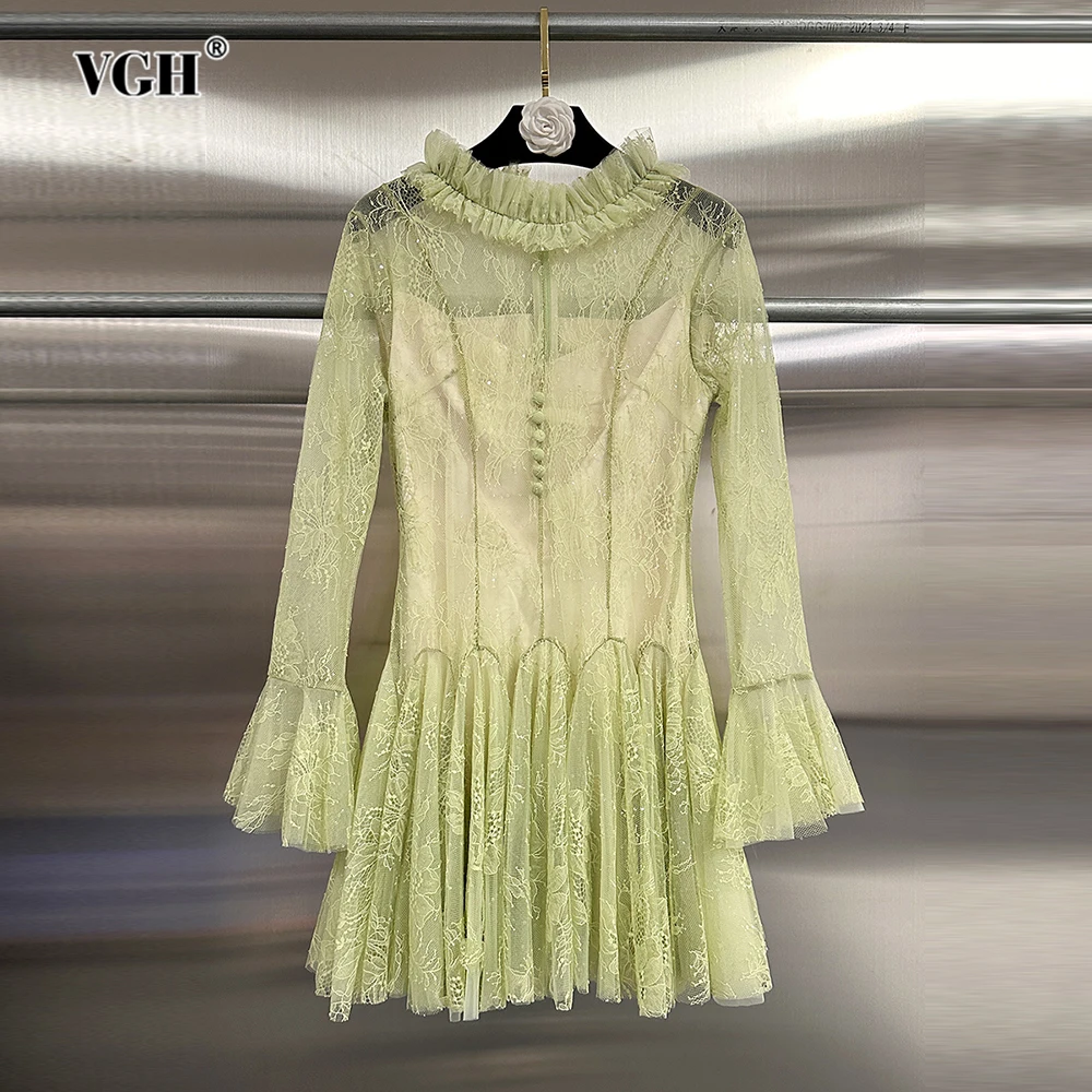 

VGH French Sexy Spliced Lace Party Dresses for Women Stand Neck Long Sleeve High Waist Spliced Fungus Chic Dress Female Clothing