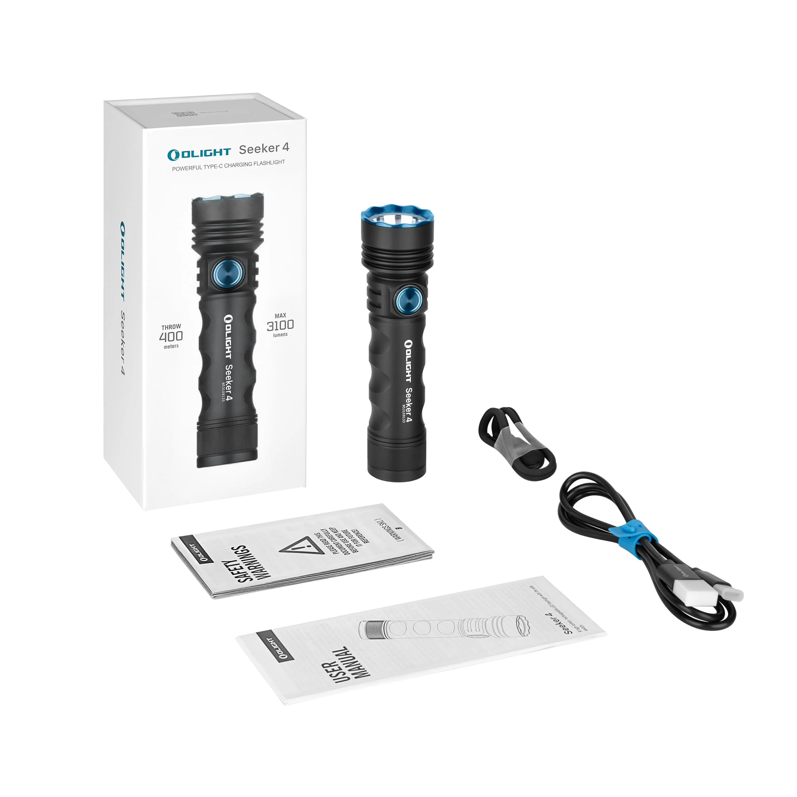 Olight Seeker 4 Torch USB-C Rechargeable 400 Meters Long Beam 3100 Lumens EDC Flashlight With Battery