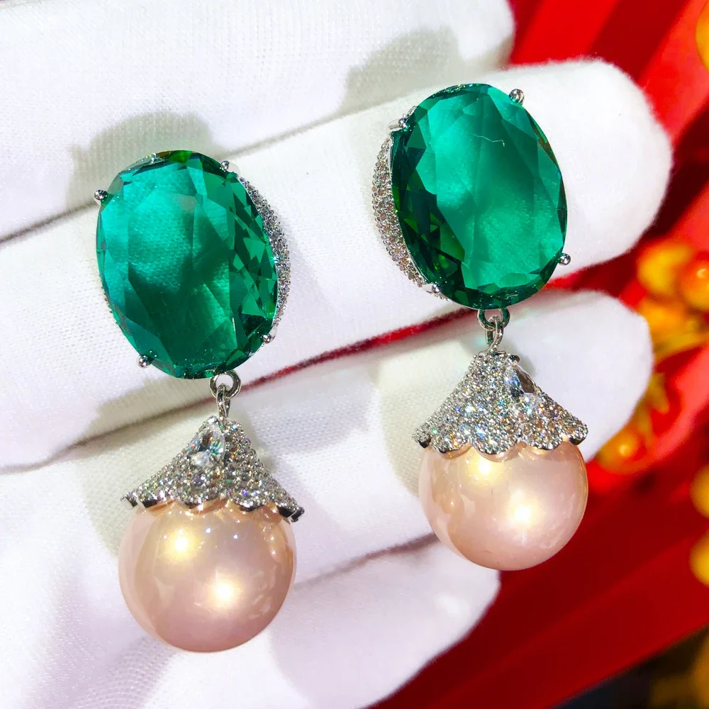 

Soramoore New Luxury Green CZ Pink Pearl Drop Earrings For Women Wedding Cubic Zircon Crystal CZ Bridal Earring Fashion Jewelry