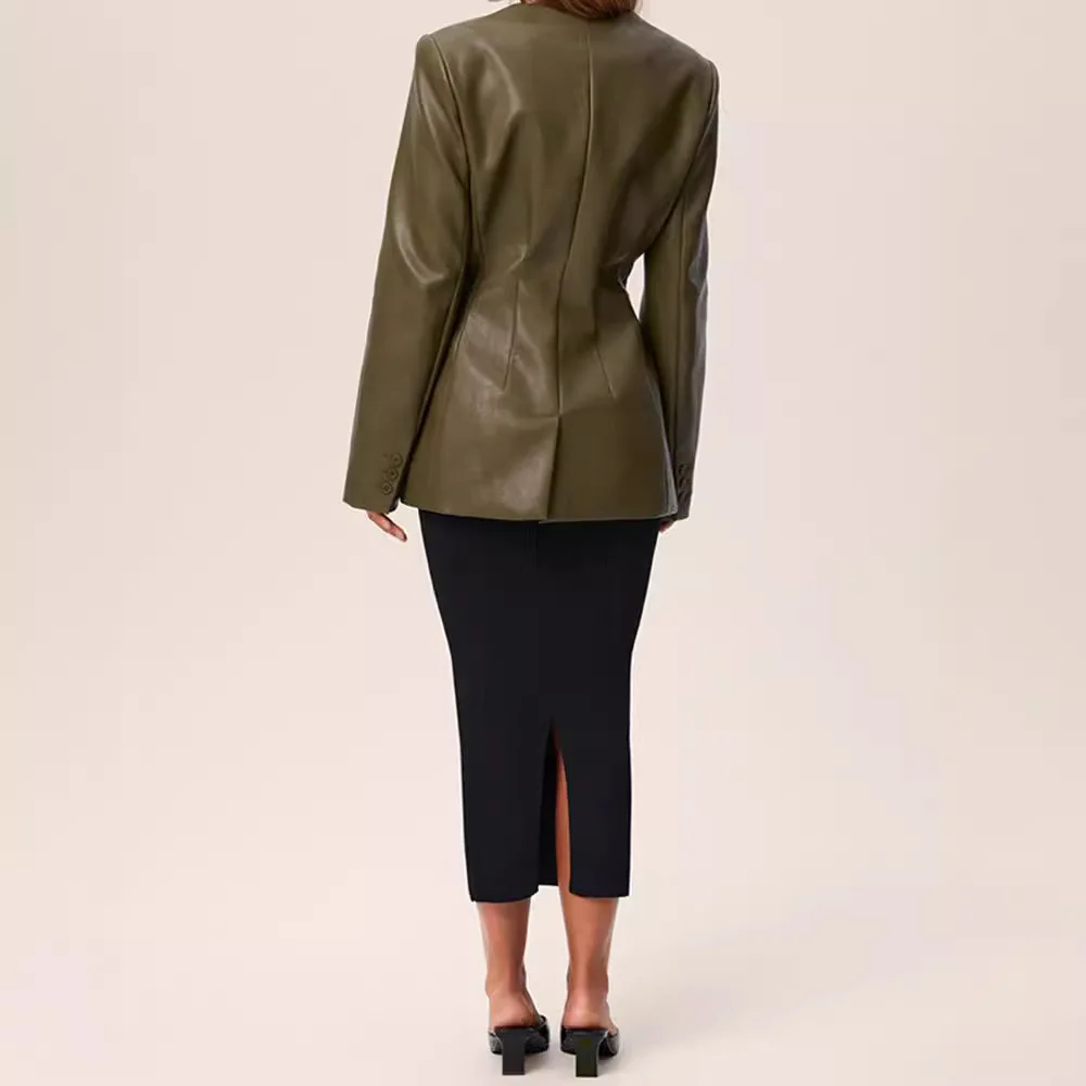 2025 Autumn Winter Vintage Coat Women Faux Leather Coats V Neck Slim Fit Y2k Streetwear Coat Jackets Elegant Splice Work Jacket