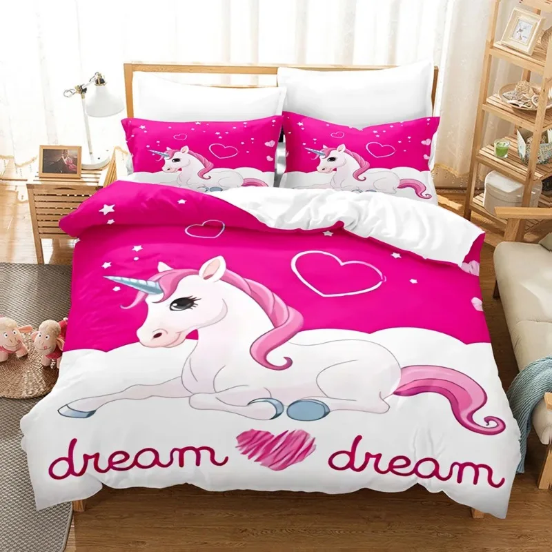 

Kids Bedding With Bed 3D Print Pink Dream Unicorn Bed Cover Set Girl Boy Cartoon Comforter Bedding Sets Bedroom Duver Cover Twin