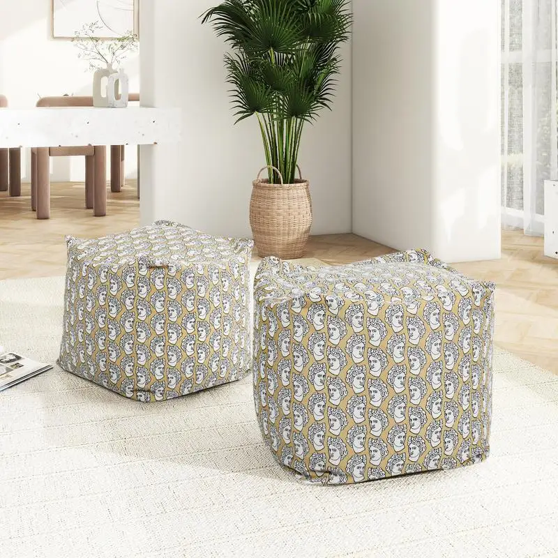 

20" Luxury Oversized Bean Bag Cube Ottoman with Gold and Cream Embroidery Design