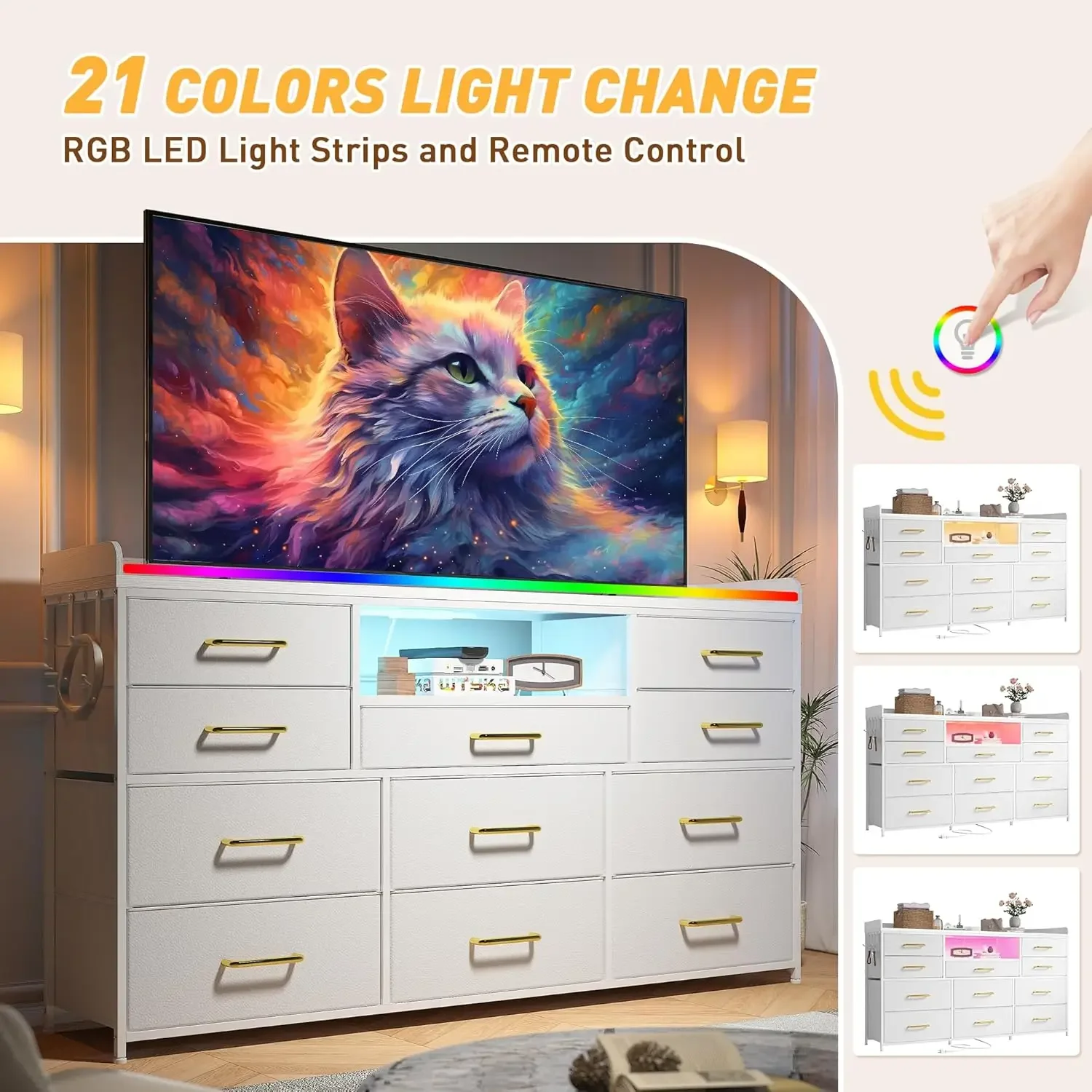 Dresser for Bedroom with 11 Drawers for 60" TV Stand for Bedroom with LED Lights & Charging Station Long Dresser with Shelves image 5