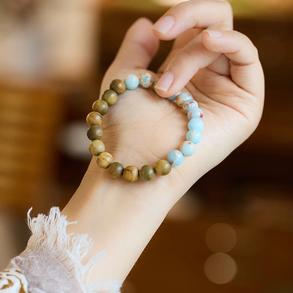 

Women's Chinese Style Shoushan Stone Bracelet Single Circle Green Sandalwood Beaded Bracelet Vintage Ethnic Jewelry Gifts