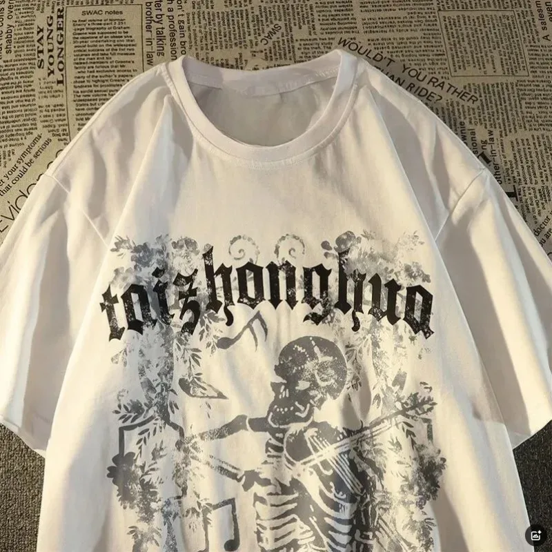 Vintage Distressed Skeleton Playing Guitar Graphic T Shirt Gothic Print Tee Y2k Grunge Harajuku Streetwear Oversized Cotton Tops