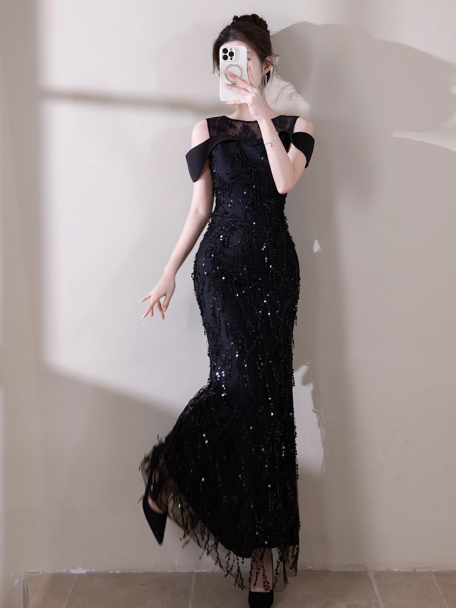 

Ele Bla Evening Gown Sexy One-oulder Fi-Tail Long Dr Tassel Host Dr for Wedding Par Performance Sexy Sle