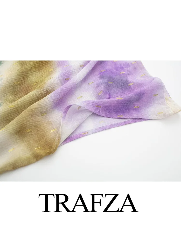 TRAFZA 2023 letnie szyfonowe Tye Dye damskie Midi sukienka z dekoltem w szpic Batwing z krótkim rękawem damskie sukienki średniej długości