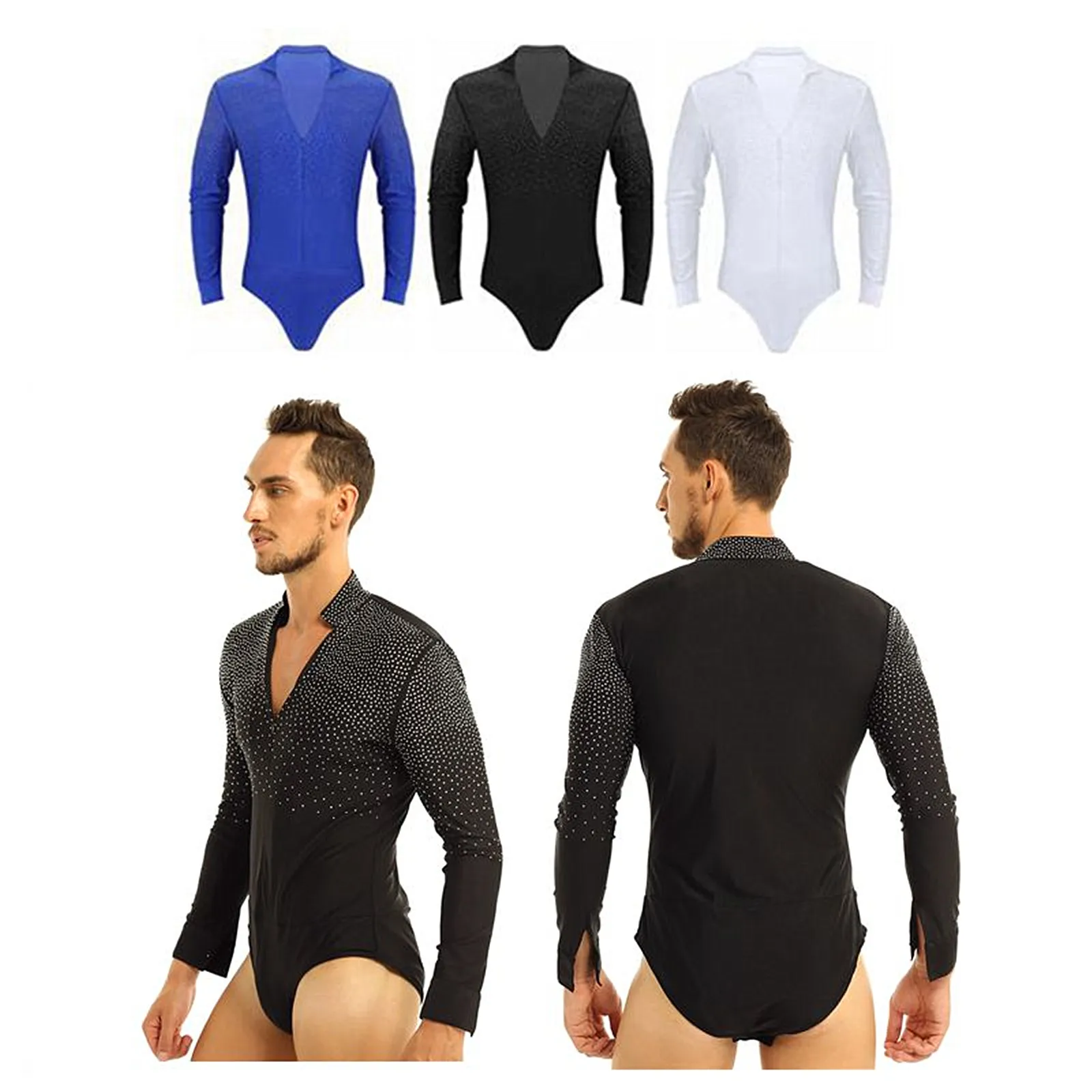 Men Shiny Rhinestones V-neck Dance Shirt Leotard Stand Collar Long Sleeve Ballroom Latin Tango Rumba Bodysuit Shirt Tops