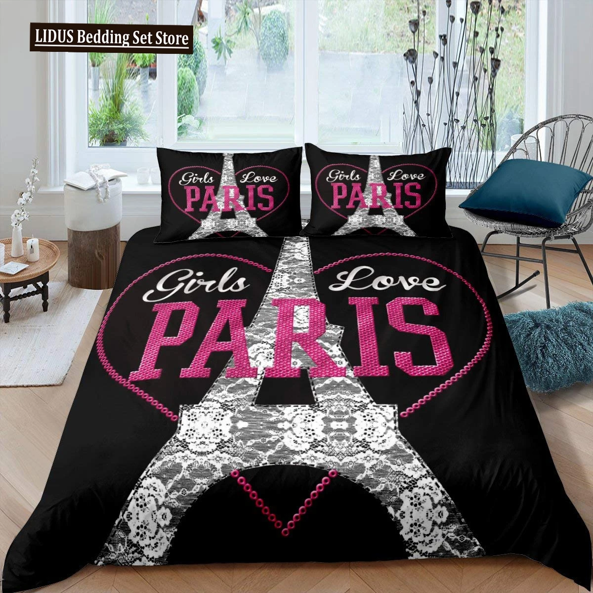 

Eiffel Tower Duvet Cover Set King Size Love Heart Bedding Set Paris City Polyester Building Set For Girls France Urban Style