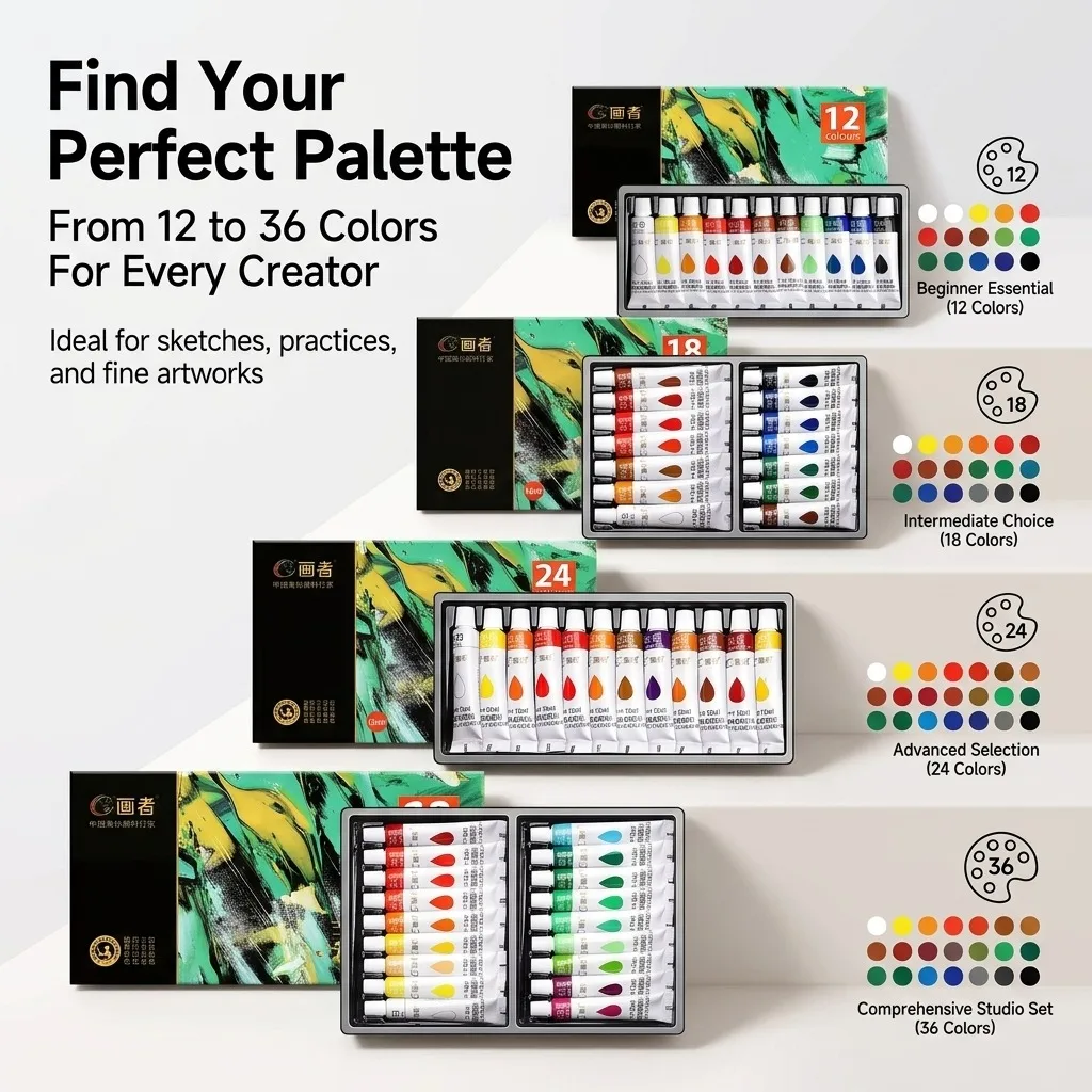 Acrylic Paint Set Portable Water-Proof Rich Pigments 12/18/24/36 Colors 12ml for DIY Craft Drawing Painting on Canvas