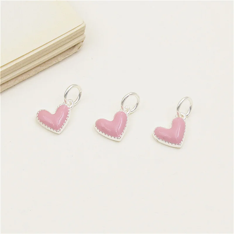 100% Real Sterling 925 Silver Accaccessories Pink Heart Charm Pendant For Bracelets and Necklaces Key Diy Material for Jewelry