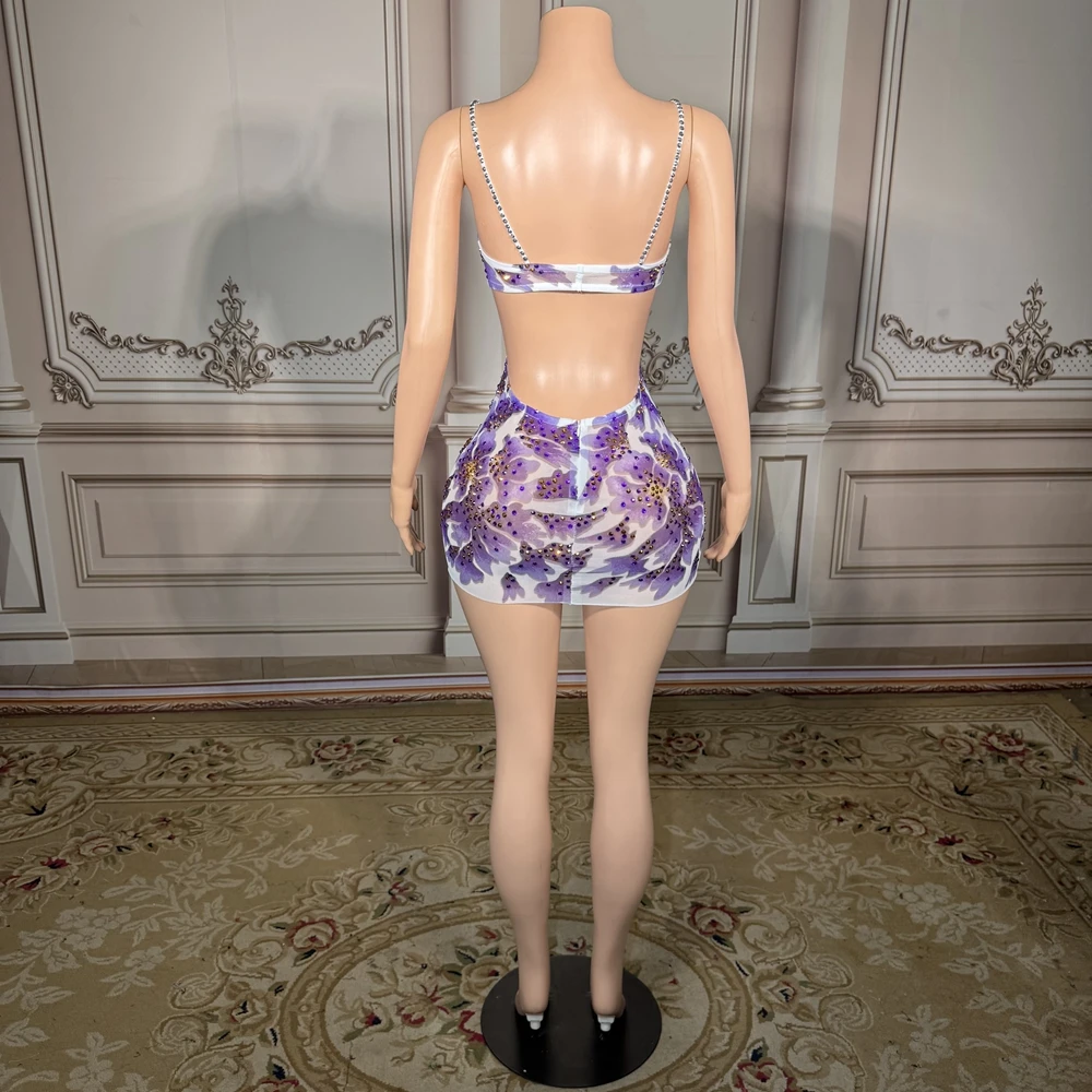 Robe courte à strass scintillants pour femmes, tenue d'été Sexy en maille transparente imprimée, robe de soirée d'anniversaire, vêtements de séance Photo