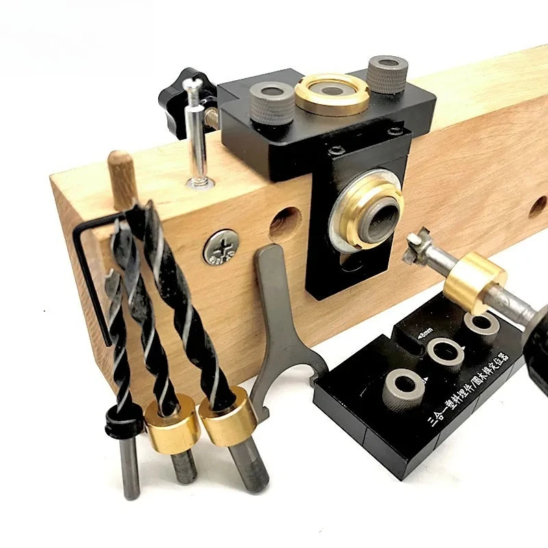 3 in 1 Woodworking Doweling Jig Kit with Positioning Clip with 8/15mm Drill Bit for Drilling Guide Locator Puncher Tools