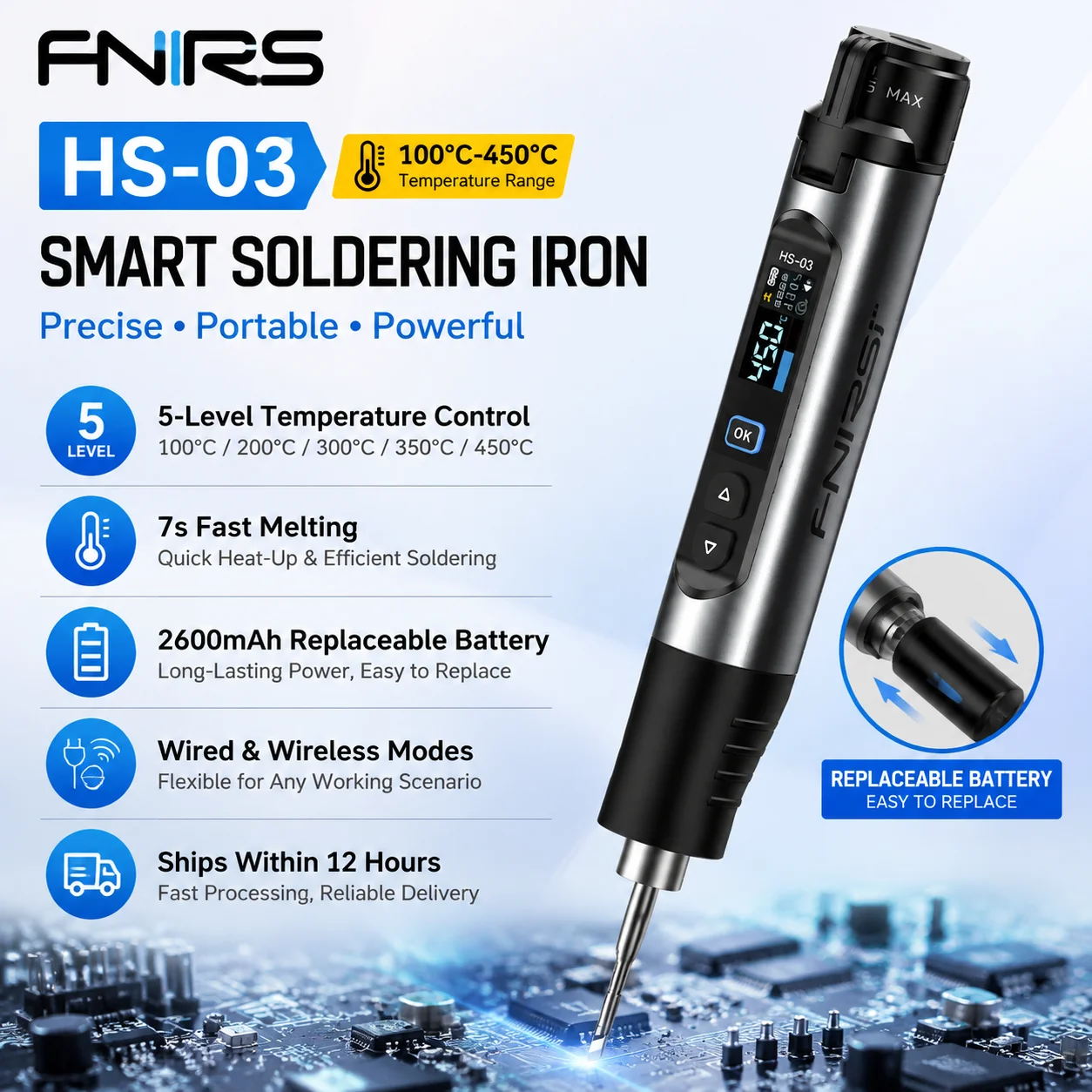 FNIRSI HS Wireless Soldering Iron Digital Temp Control Cordless Rechargeable Ceramic Core Portable Welding Repair Tool