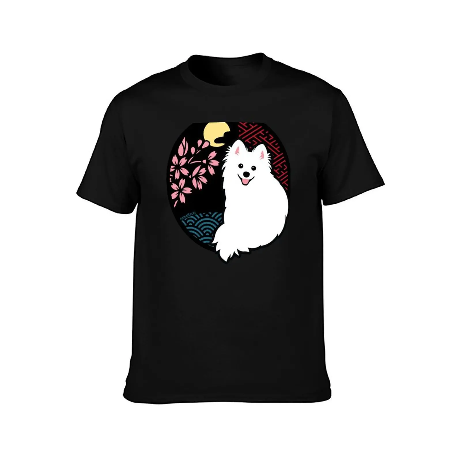 Happy Spitz Dog & Sakura - Japanese Kirie Paper Cutting Art Style (Black) T-Shirt Dry Fit Running Short Sleeve Top T-Shirt