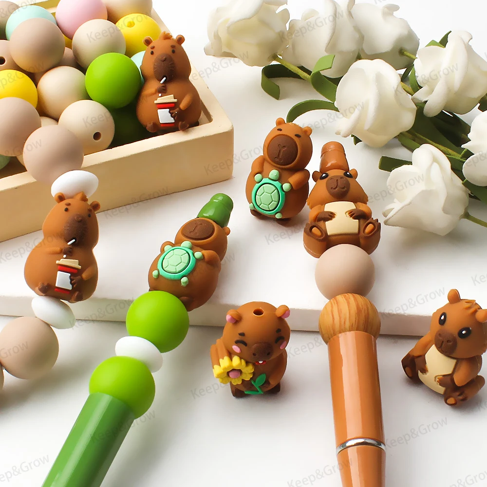 Cute Funny Capybara 3D Silicone Beads Flower Animals Theme Focal Bead Perfect for Jewelry Making DIY Pen Bead KeysChan Accessory