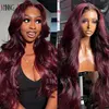 Perruque Lace Frontal 13x4 « Wear and Go » sans colle, cheveux naturels, texture ondulée (Body Wave), couleur bordeaux ; perruque Lace Closure 13x6 sans colle, prête à porter.