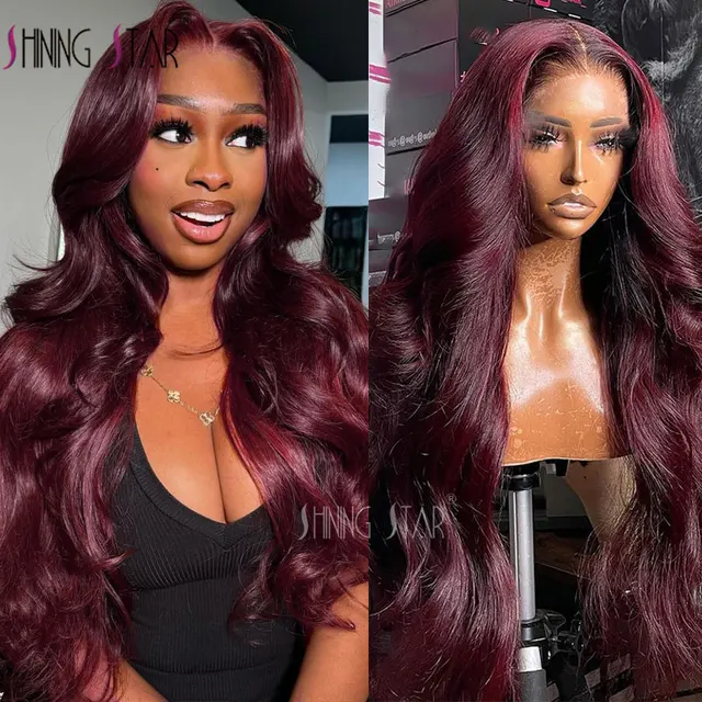 Perruque Lace Frontal 13x4 « Wear and Go » sans colle, cheveux naturels, texture ondulée (Body Wave), couleur bordeaux ; perruque Lace Closure 13x6 sans colle, prête à porter.