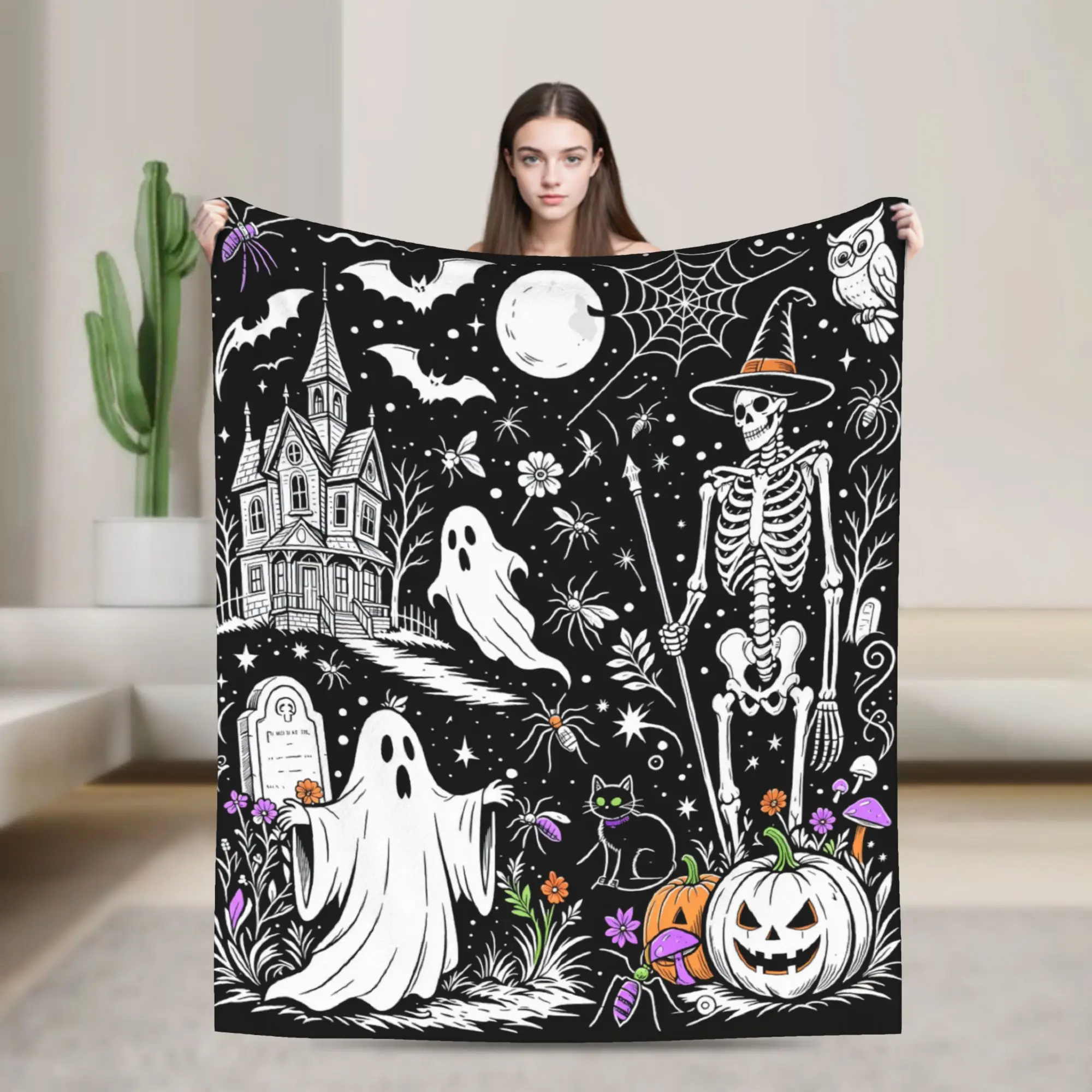 Spooky Haunted House Ghost Skeleton Halloween Throw Blanket Warm Soft Funny Blanket  For Sofa Home Travel Bedspread Bed Cover