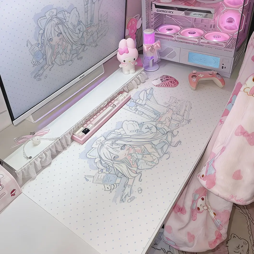Leather PU Desk Pad Protector Lovely Anime Pink Sweet Girl Y2K Mouse Pad Office Desk Mat Waterproof Non-Slip Desk Blotter Pad