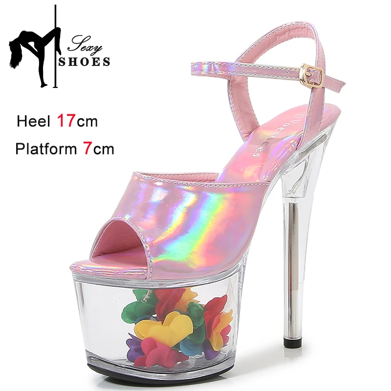 

Transparent Thin Heels Women Platform Holographic Sandals Sexy Peep Toe 17CM Stiletto Pink Color-Changing Summer Shoes For Woman