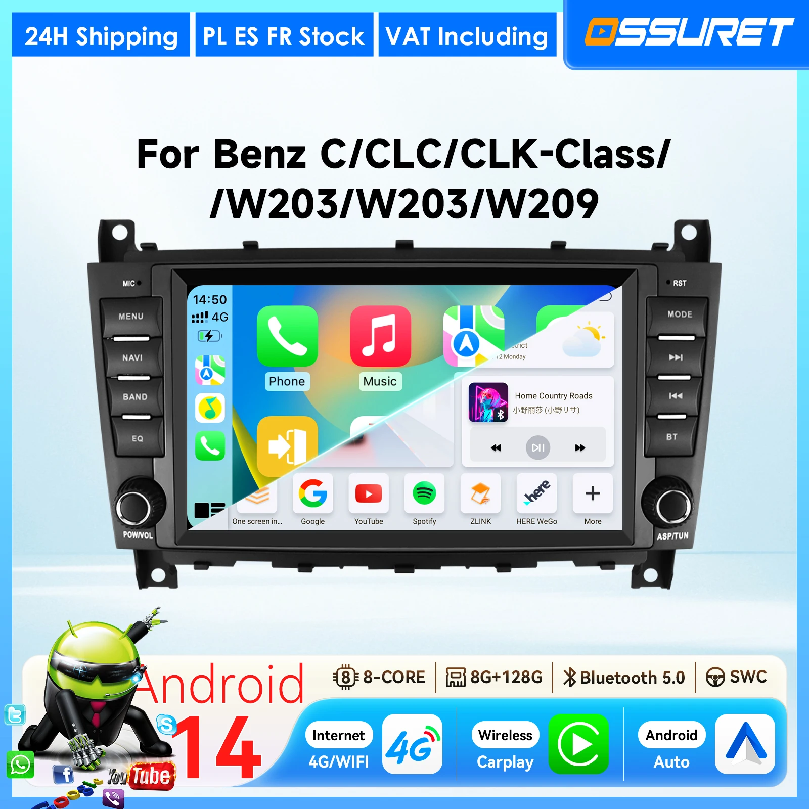 Radio samochodowe 2Din z systemem Android dla Mercedes Benz klasy C-CLC-CLK W203 W209 C320 C300 C350 CLK200 CLK220 CLK320 z funkcją Auto Intelligent Carplay