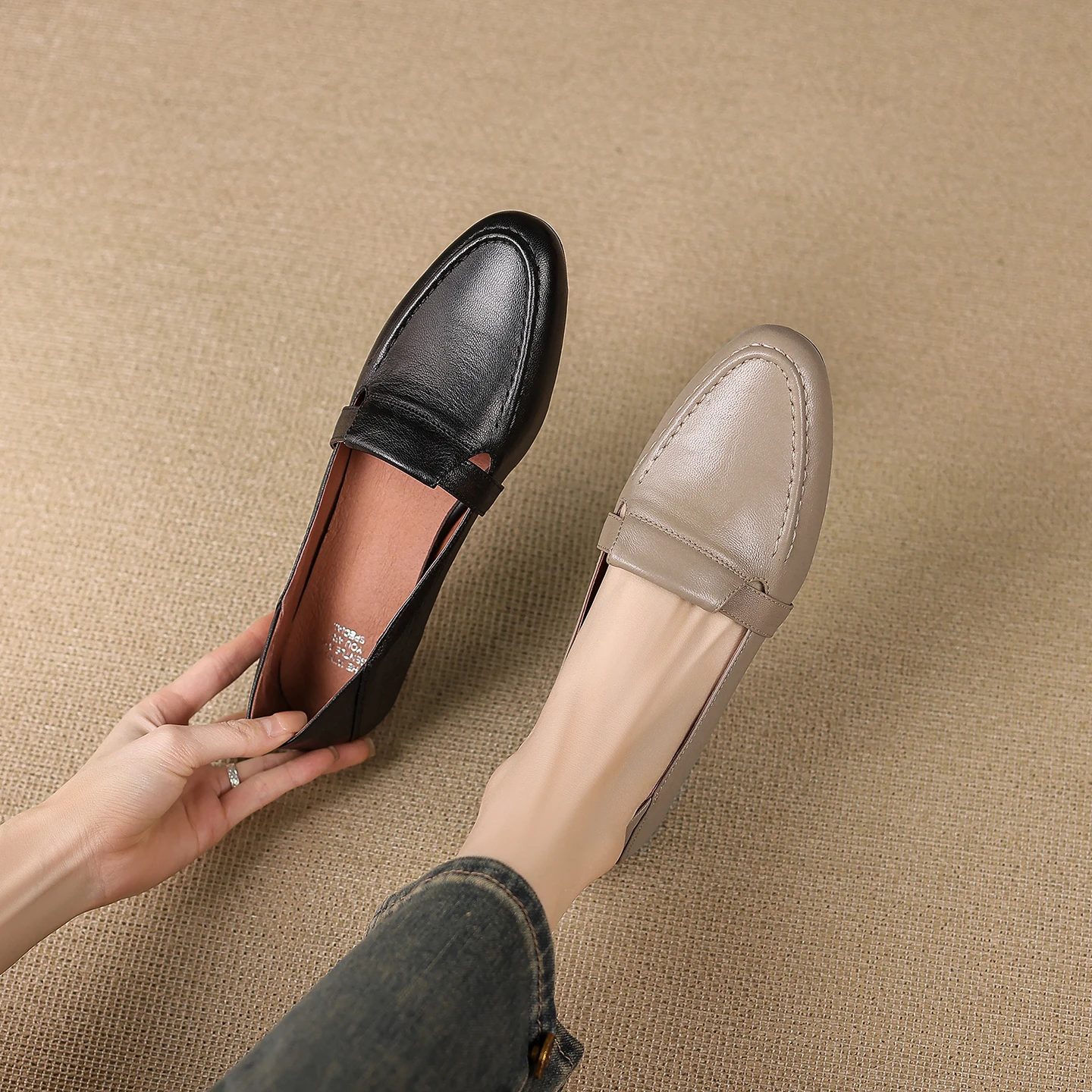 2026 new spring autumn women pumps natural leather plus size 22-26cm sheepskin+pigskin round toe t-tied loafers women shoes
