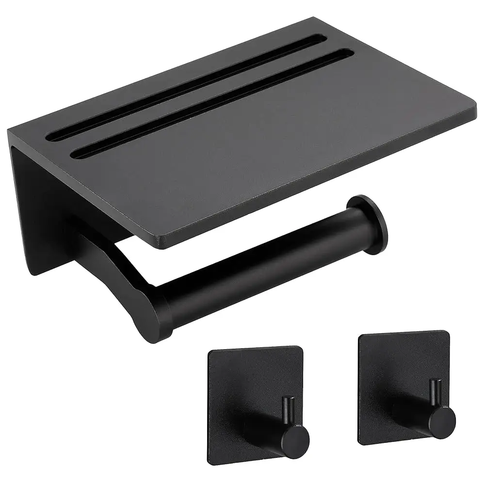 

Держатель для туалетной бумаги с полкой + 2 крючка для полотенец - Самоклеящийся держатель для туалетной бумаги - Держатель для рулонов туалетной бумаги с полкой для телефона