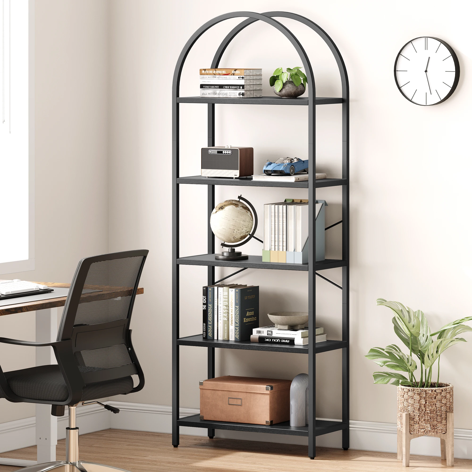 

Bookshelf 5 Tier Bookcase Arched Display Racks Tall Standing Bookshelves Metal Frame Open Storage Rack Shelf for Living room