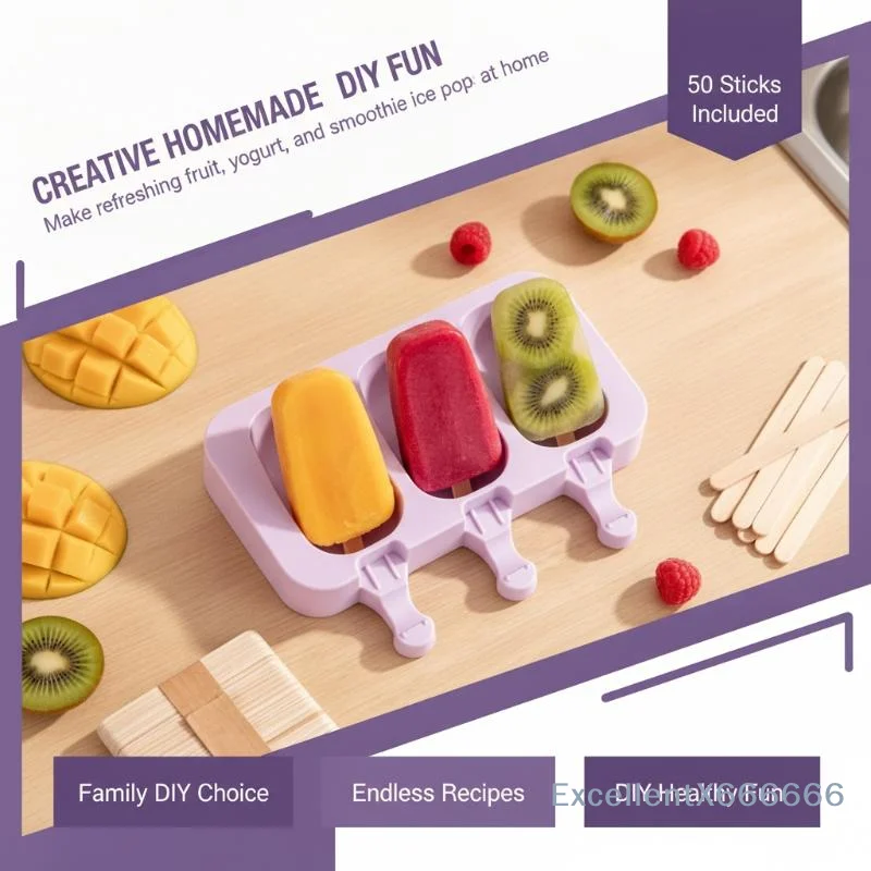 1Set Silicone Popsicle Mold 3/4 Cavities BPA Free Non-Stick Reusable for Home DIY  Ice Cream Summer Treats