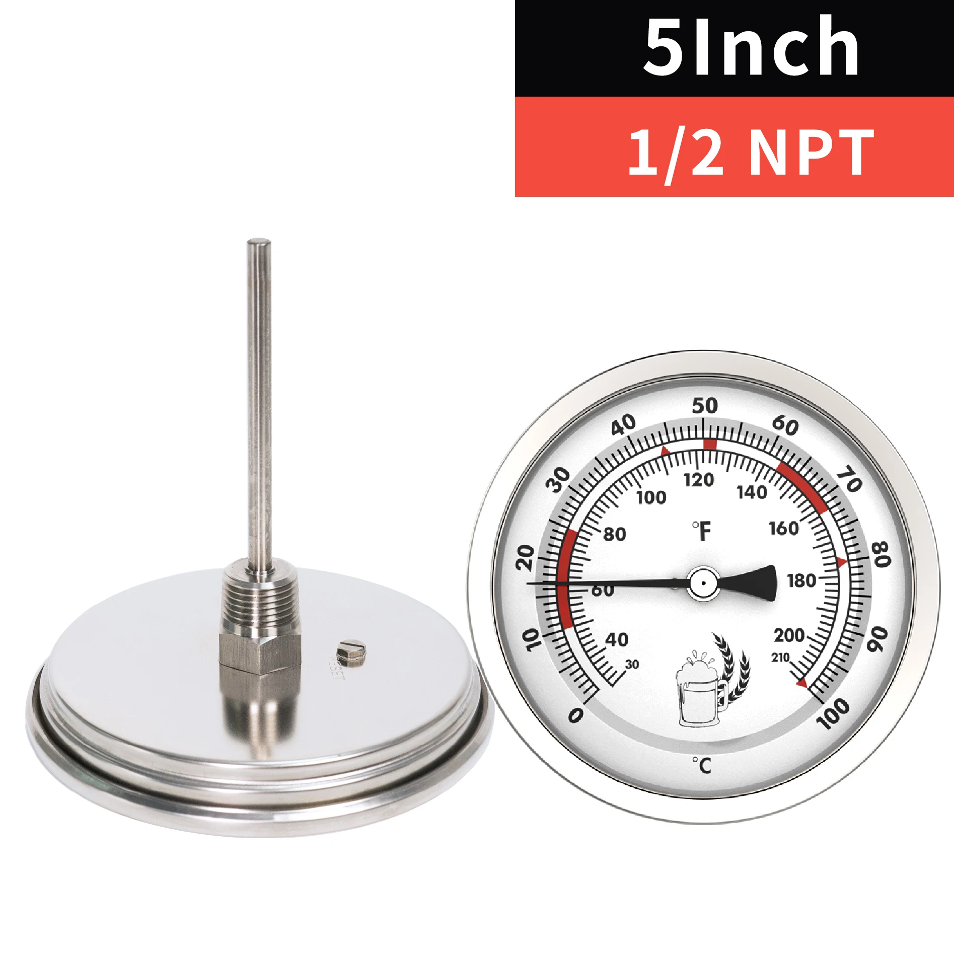 Stainless Steel Dial Bimetal Probe Thermometer Household Boiler Brewing Distilled Water Alcohol Thermometer Accessories