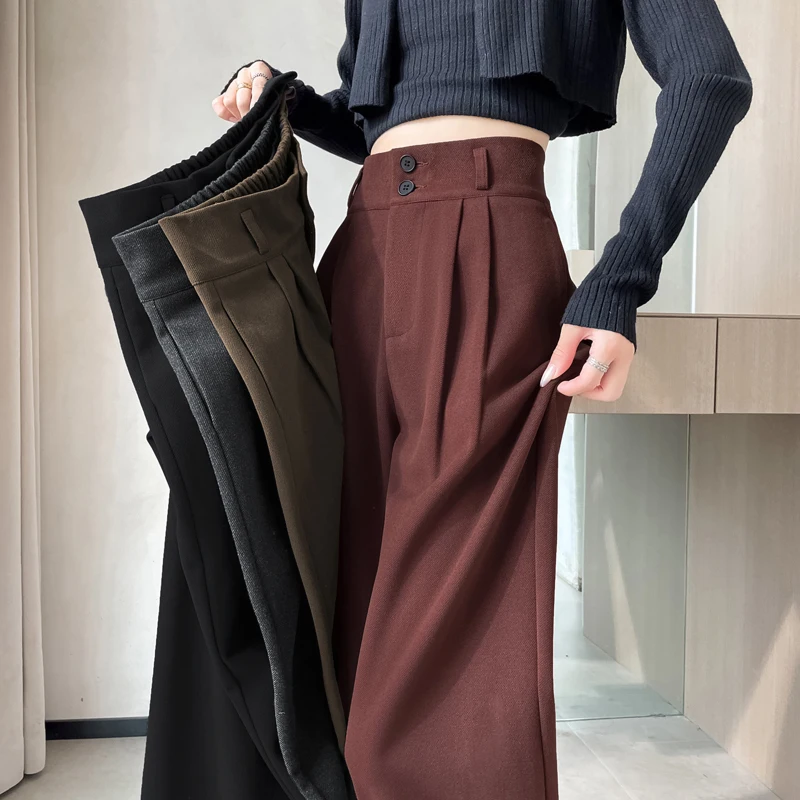 Otoño Invierno lana Casual suelta mujer pierna ancha pantalones largos botón rojo cintura alta Mujer elegante Pantalones rectos