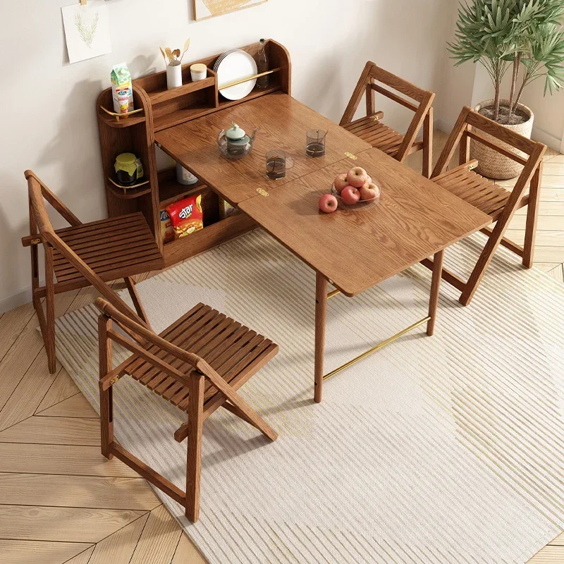 Wood Dining Tables and Chairs Set Modern Simple Small Apartment Home Multi-Functional Storage Folding Dining Table