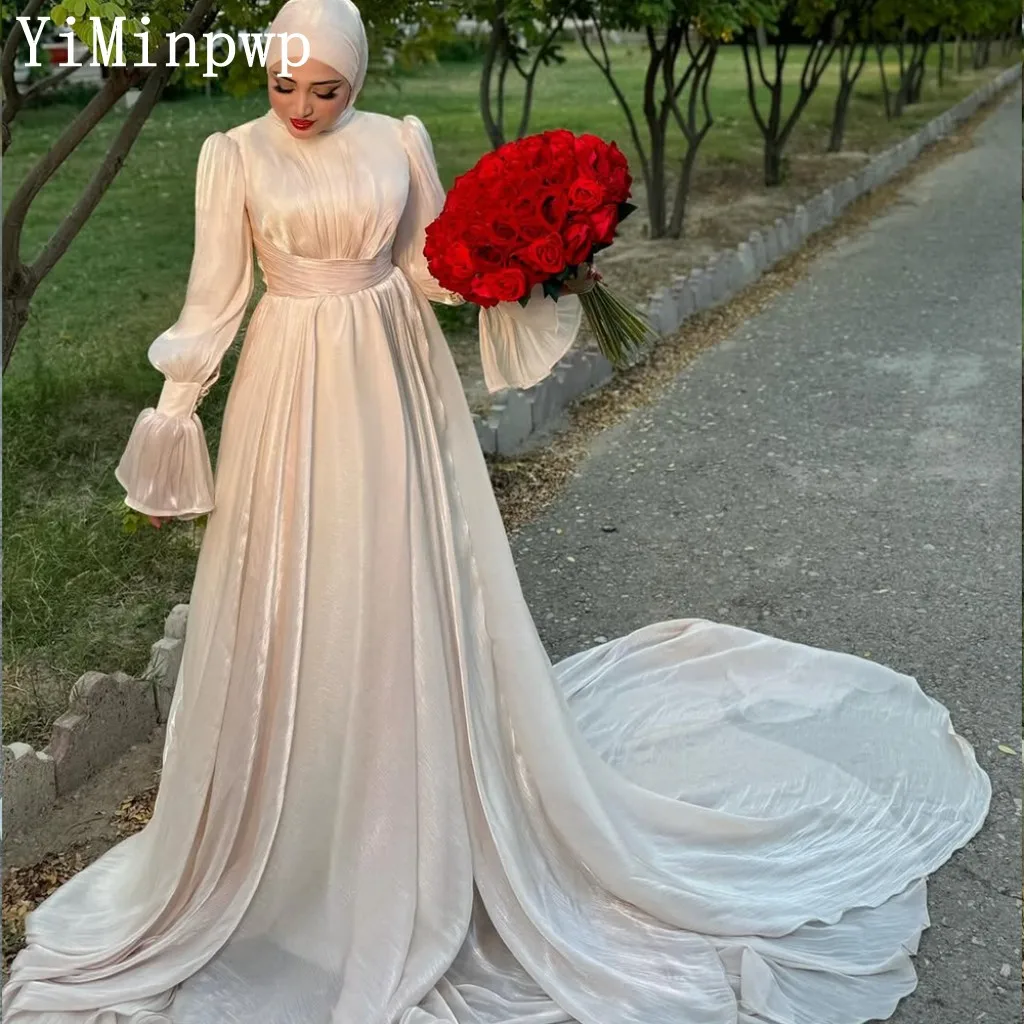

Champagne Muslim Wedding Dresses for Bride High Neck Long Puff Sleeve A Line Sweep Train Garden Hijab Women Bridal Gowns Custom