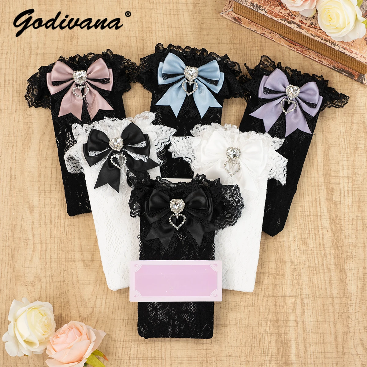 

Handmade Rhinestone Love Bow Lace Knee Socks Sweet Girls Japanese Mine Series Medium Tube Socks Lolita Women Lace Socks