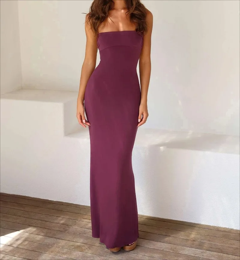 2025 nova dupla camada anti penetração sexy fino ajuste sem costas suspender vestido de cor sólida para mulher