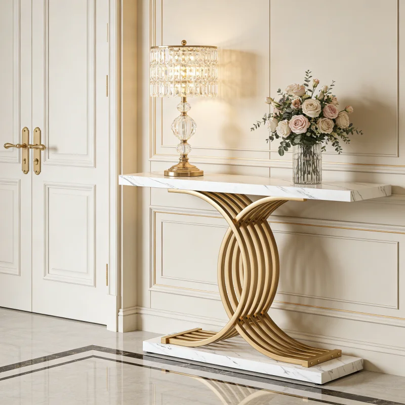 

# Современный роскошный консольный столик с белой мраморной столешницей и золотым металлическим геометрическим основанием, элегантный элемент для прихожей