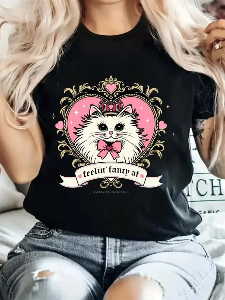 

Cute and Versatile Women's Sweet and Fashionable Clothing Cat Print 90s Top Cartoon T-Shirt Women's O-Neck Clothing Black T-Shir