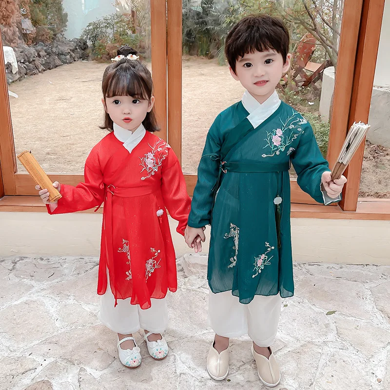 

Spring Autumn New Boy And Girl Oriental Retro Phoenix Hanfu Kid Chinese Style Embroidery Two Piece Suit Kid Role Play Costume