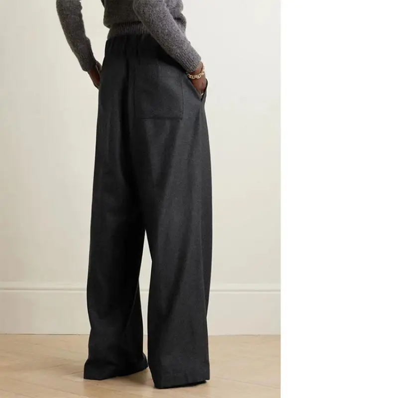 2024 Autumn and Winter New Wool Blended Wide Foot Mid-Waist Trousers Women's Grey Straight Leg Wide Leg Slim Casual Pants