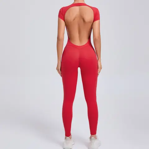 Viral Backless Workout Jumpsuit Women Short Sleeve Seamless High Waist Yoga Bodysuit Stretch Sports Fitness Onesie Activewear