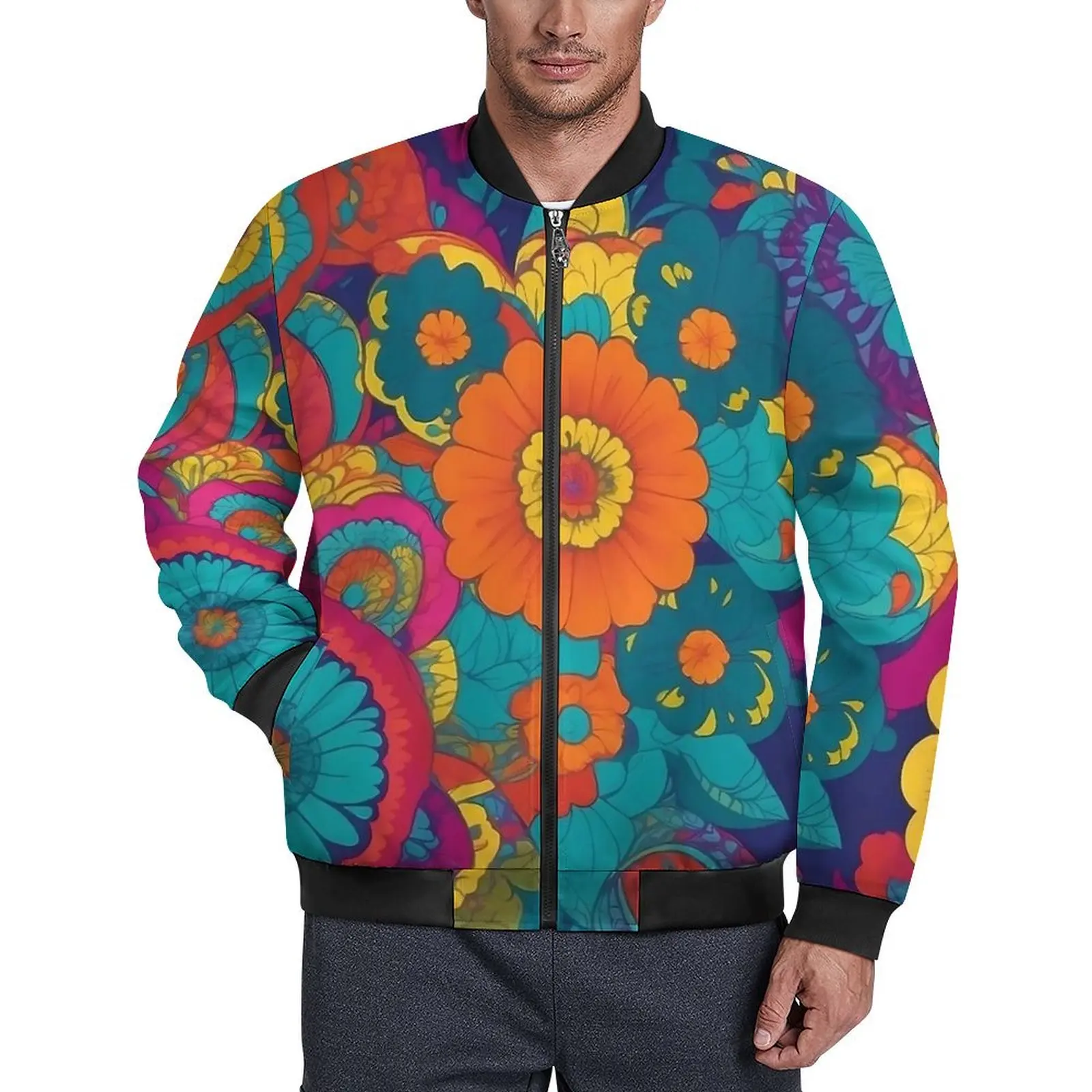 Flower Power Jackets Autumn Colourful Floral Street Style Casual Coats Mens Zipper Classic Windbreak Pattern Oversize Jacket