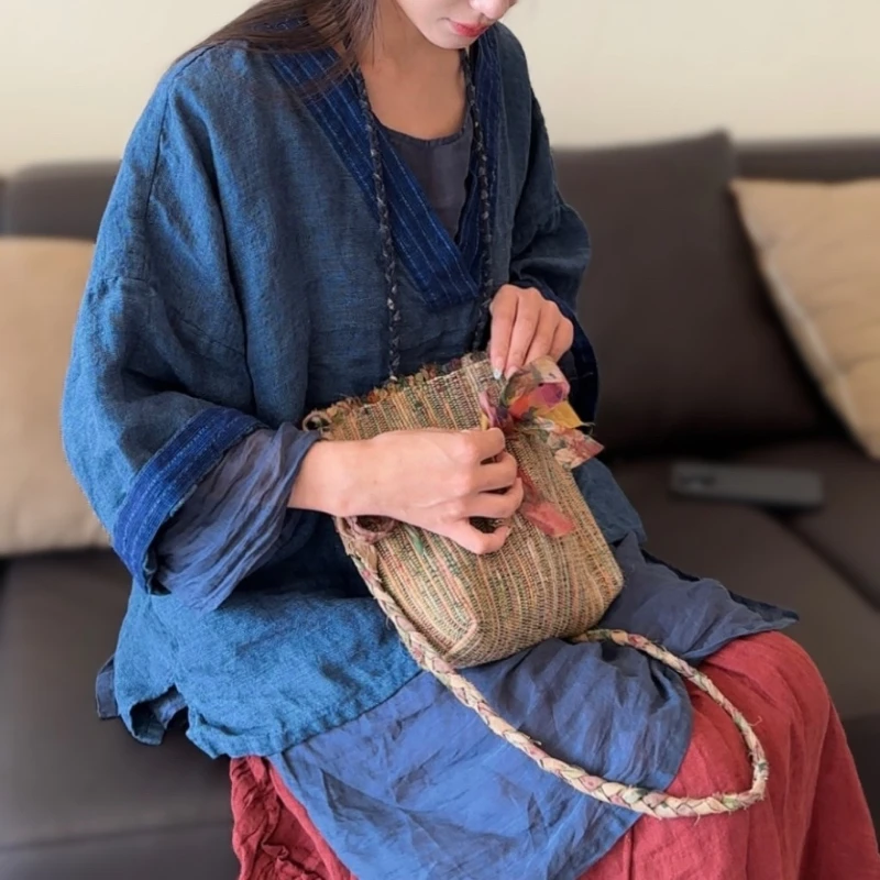 VintagePremium جودة الغزل مصبوغ الكتان فضفاض الخامس الرقبة المرأة بلوزة الخريف جديد الرجعية منتصف طول Batwing الأكمام القمم حجم كبير