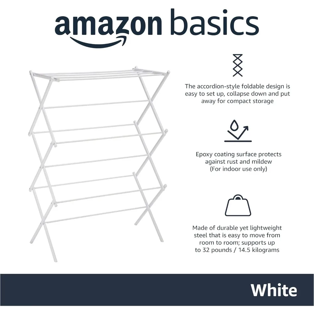 رف غسيل محمول قابل للطي من أمازون بيسيكس لتجفيف الهواء، للاستخدام الداخلي والخارجي - 14.5 بوصة عمق × 29.5 بوصة عرض × 41.8 بوصة ارتفاع، أبيض