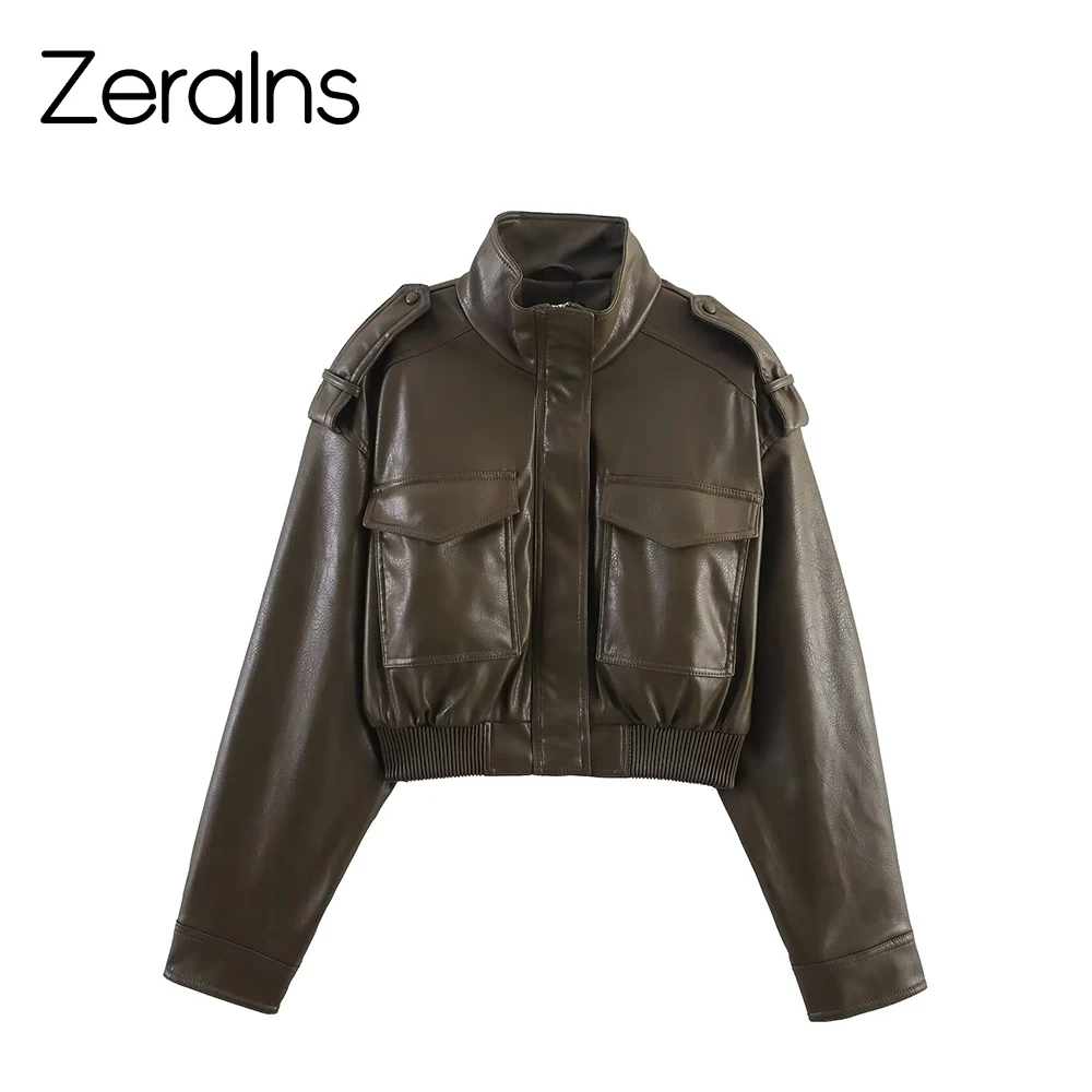 

ZERAINS Autumn new women's casual pocket strap decoration shiny surface imitation leather stand collar long sleeved short jacket